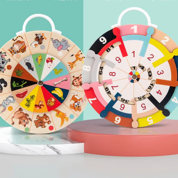 Jeu Montessori 2-en-1 en Bois : Roue des Multiplications + Roue Animaux & Aliments (avec poignée)