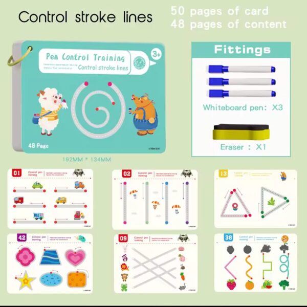 Cahiers de formation au contrôle du stylo pour enfants, accompagnés de marqueurs effaçables multicolores et d'une gomme, posés sur une étagère verte.