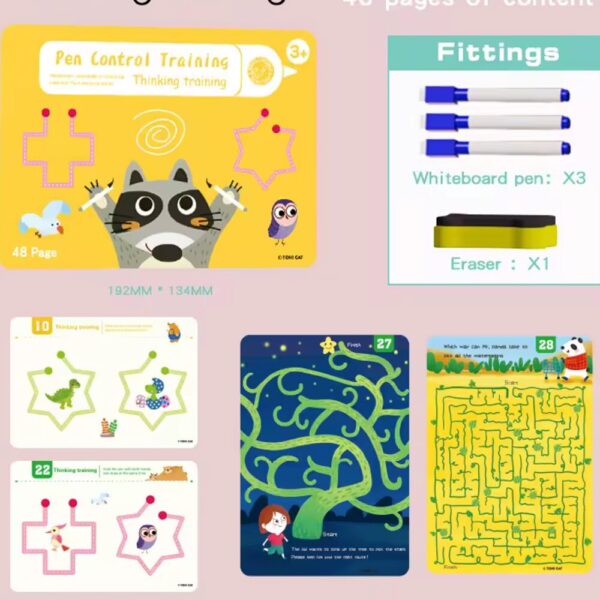 Cahiers de formation au contrôle du stylo pour enfants, accompagnés de marqueurs effaçables multicolores et d'une gomme, posés sur une étagère verte.