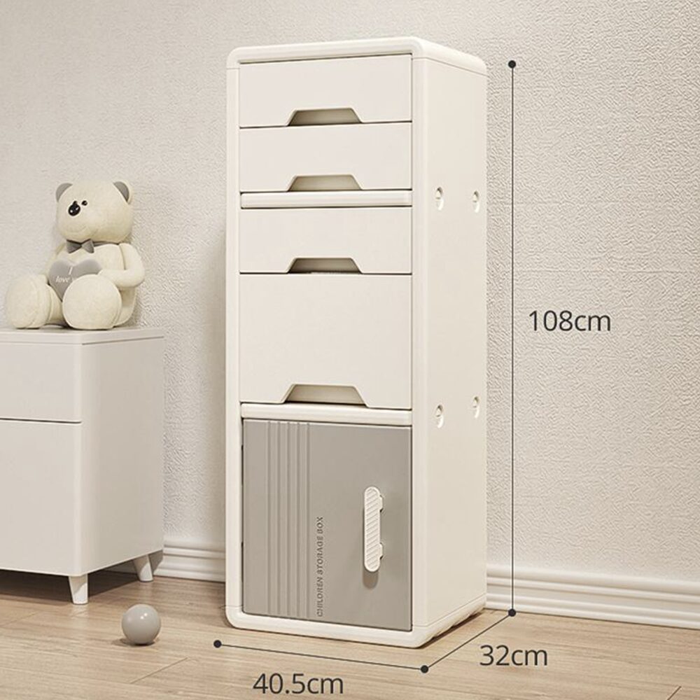 Meuble compact pour rangement enfant avec tiroirs et compartiments spacieux.
