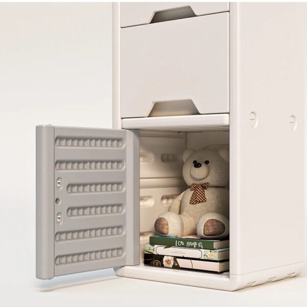 Meuble compact pour rangement enfant avec tiroirs et compartiments spacieux.