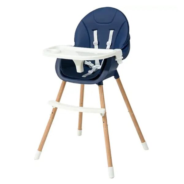 Chaise haute repas bébé évolutive en bleu foncé, avec harnais de sécurité et plateau amovible, idéale pour les repas des enfants.