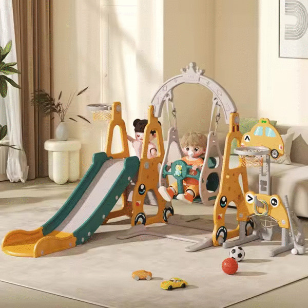 Aire de Jeux Enfant 3-en-1 – Toboggan + Balançoire + Panier de Basket