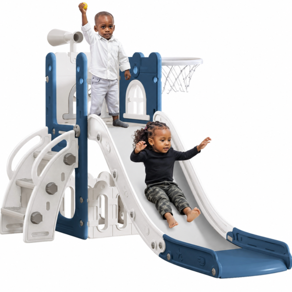 Toboggan Enfant 8-en-1 – Aire de Jeux avec Échelle, Panier de Basket & Télescope (Bleu)